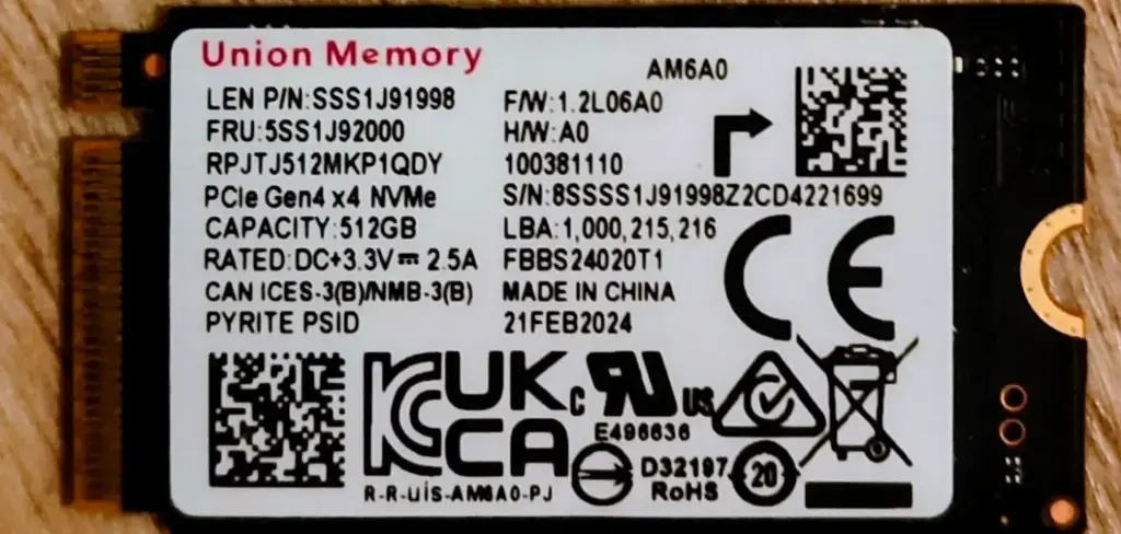 Union Memory SSD, 512 GB, M.2 2242 NVMe, PCIe Gen4x4